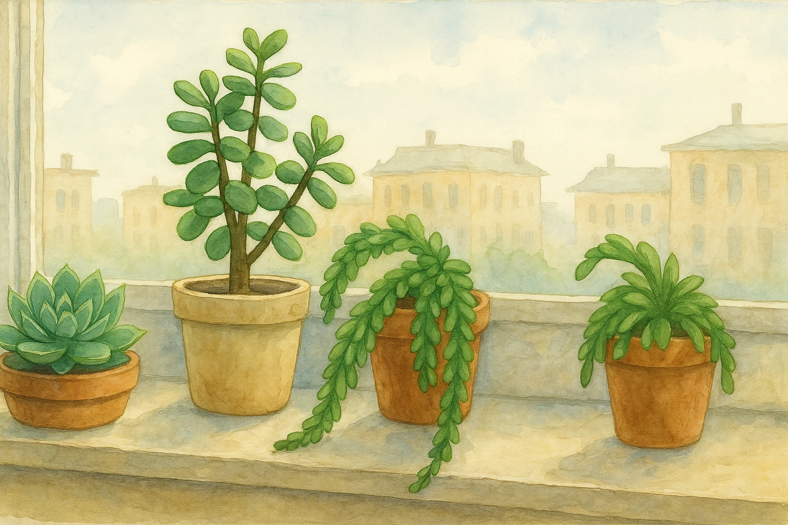 Succulents growing on a windowsill in the city.