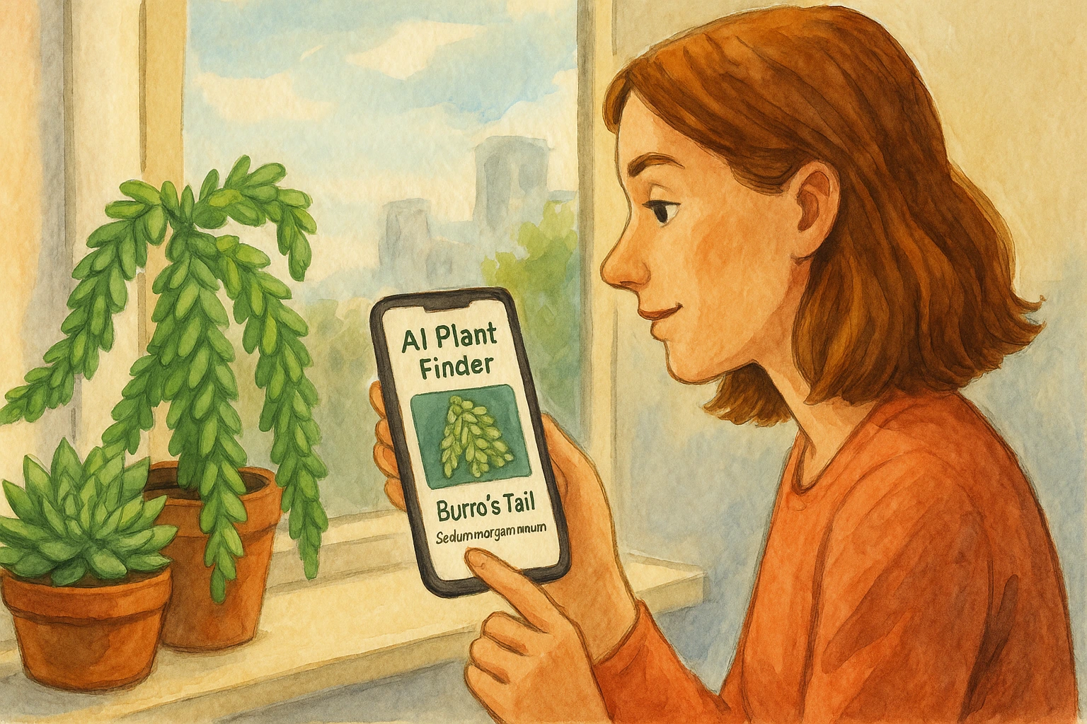 A woman identifies a Burro’s tail via AI Plant Finder.