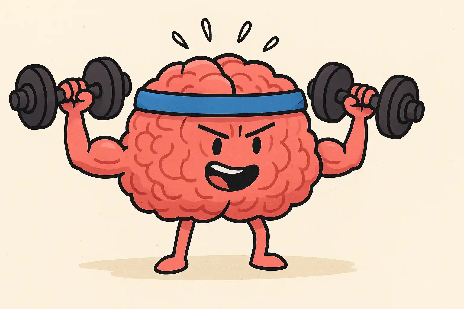A cartoon brain lifting weights, symbolizing mental exercise.