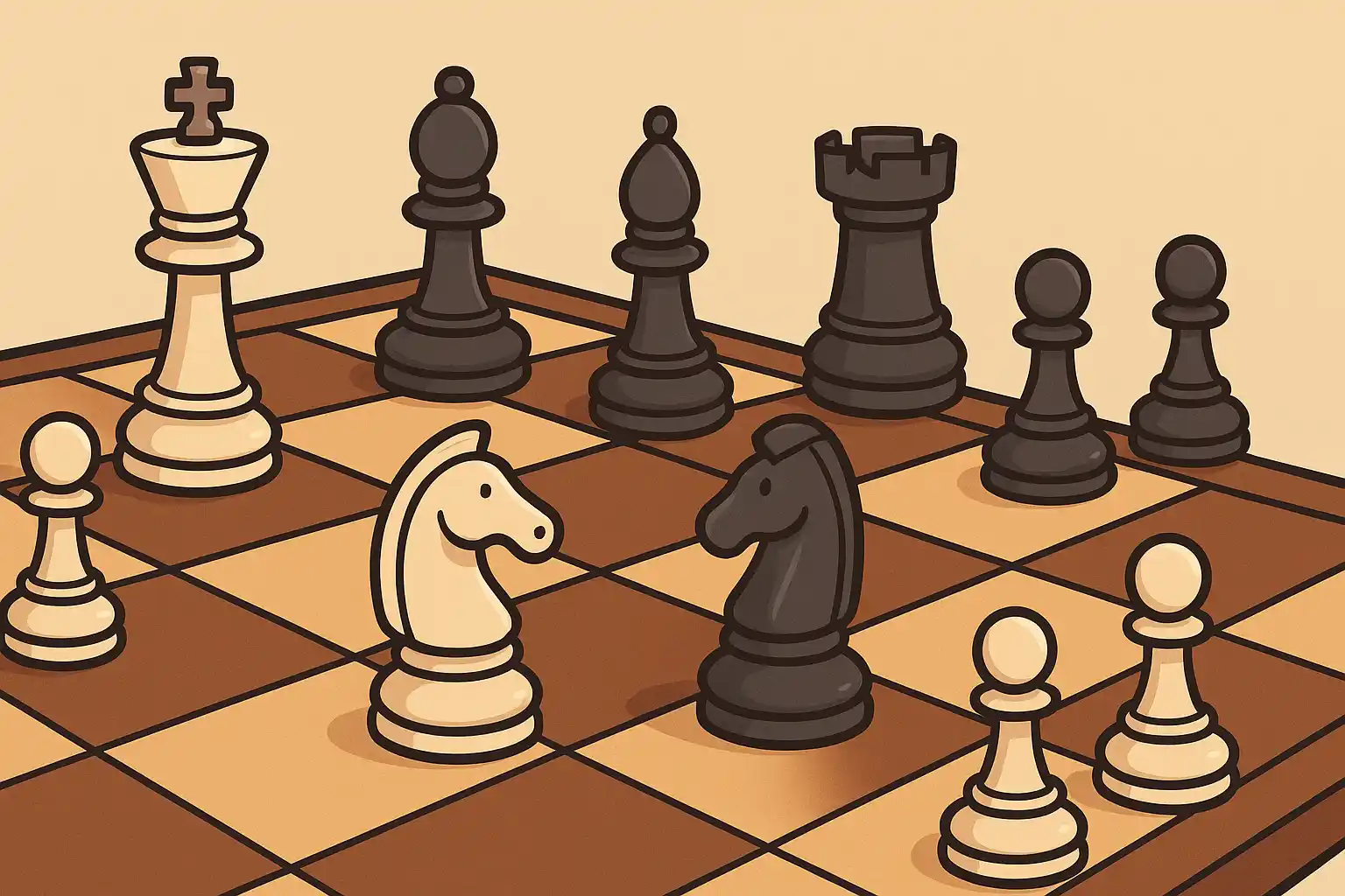 Chess pieces on a board mid-game.